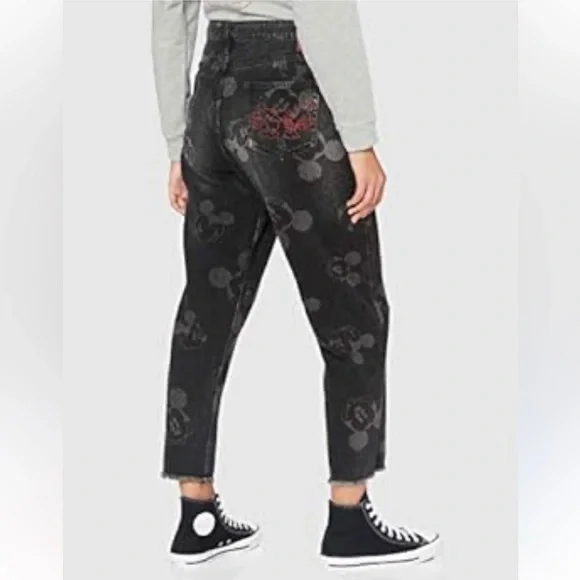Desigual Women's Black Mickey Mouse Print Jeans Straight Leg Raw Hem SZ 34
